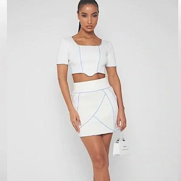 Maniere De Voir NWT! Ribbed Raw Hem Mini Bodycon Skirt in White/Blue size 4 UK8 - Picture 1 of 14